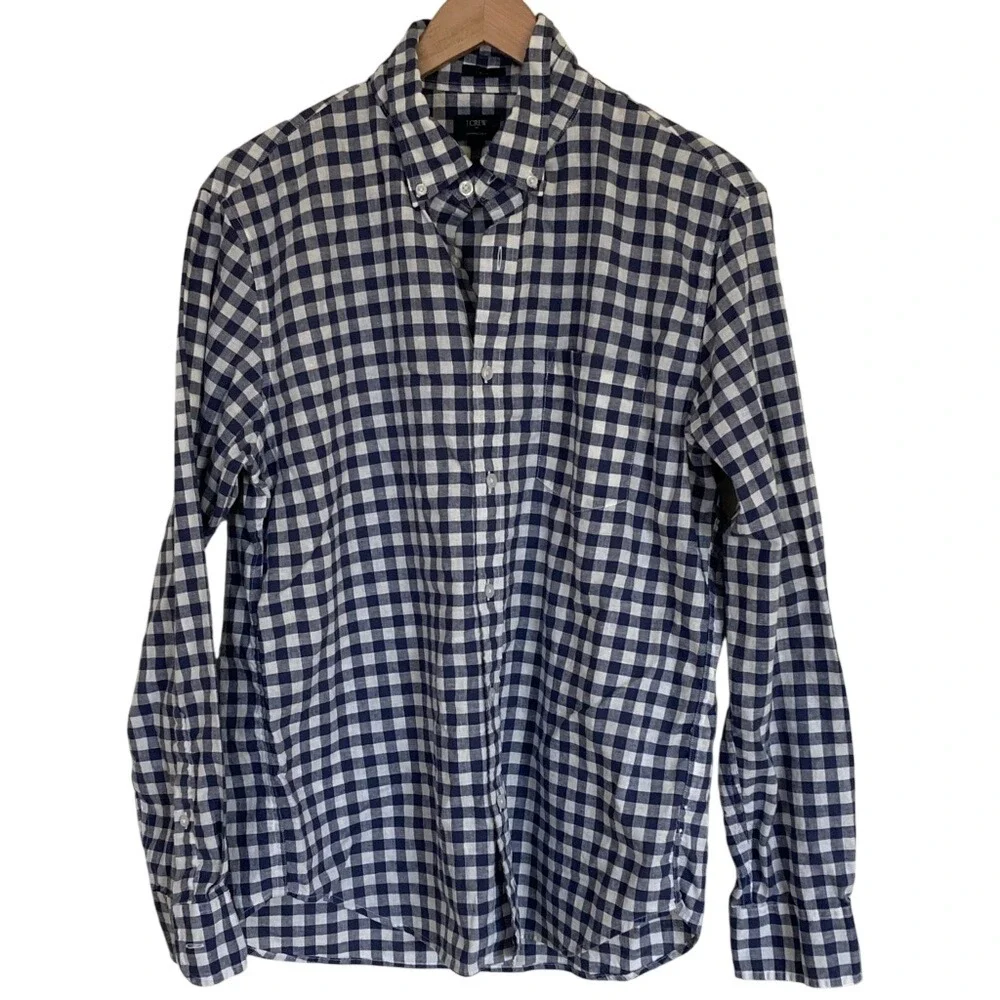 J. Crew Factory Men's Navy White Gingham Button-Down Shirt Size L Slim Linen Bld